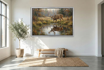 silver floating framed canvas big game artwork of a large whitetail buck pond reflection at the water hole