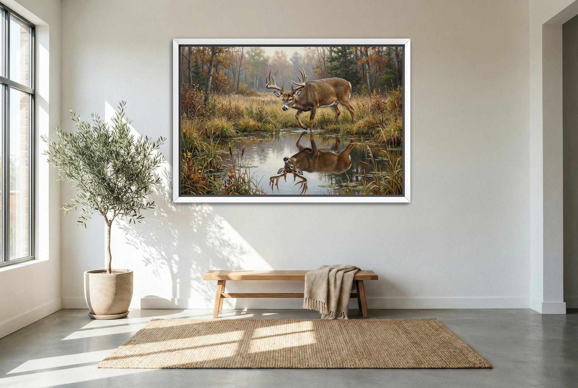 white floating framed canvas art of a large whitetail buck pond reflection at the water hole