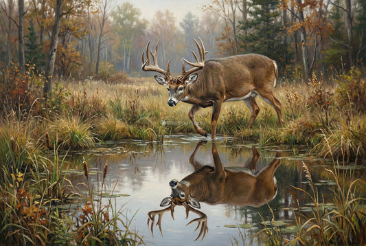 large whitetail buck pond reflection at the water hole oil painting paper art print