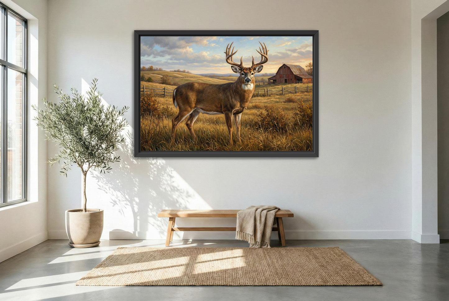 black floating framed canvas print featuring the best time a large whitetail buck rolling hills farm country