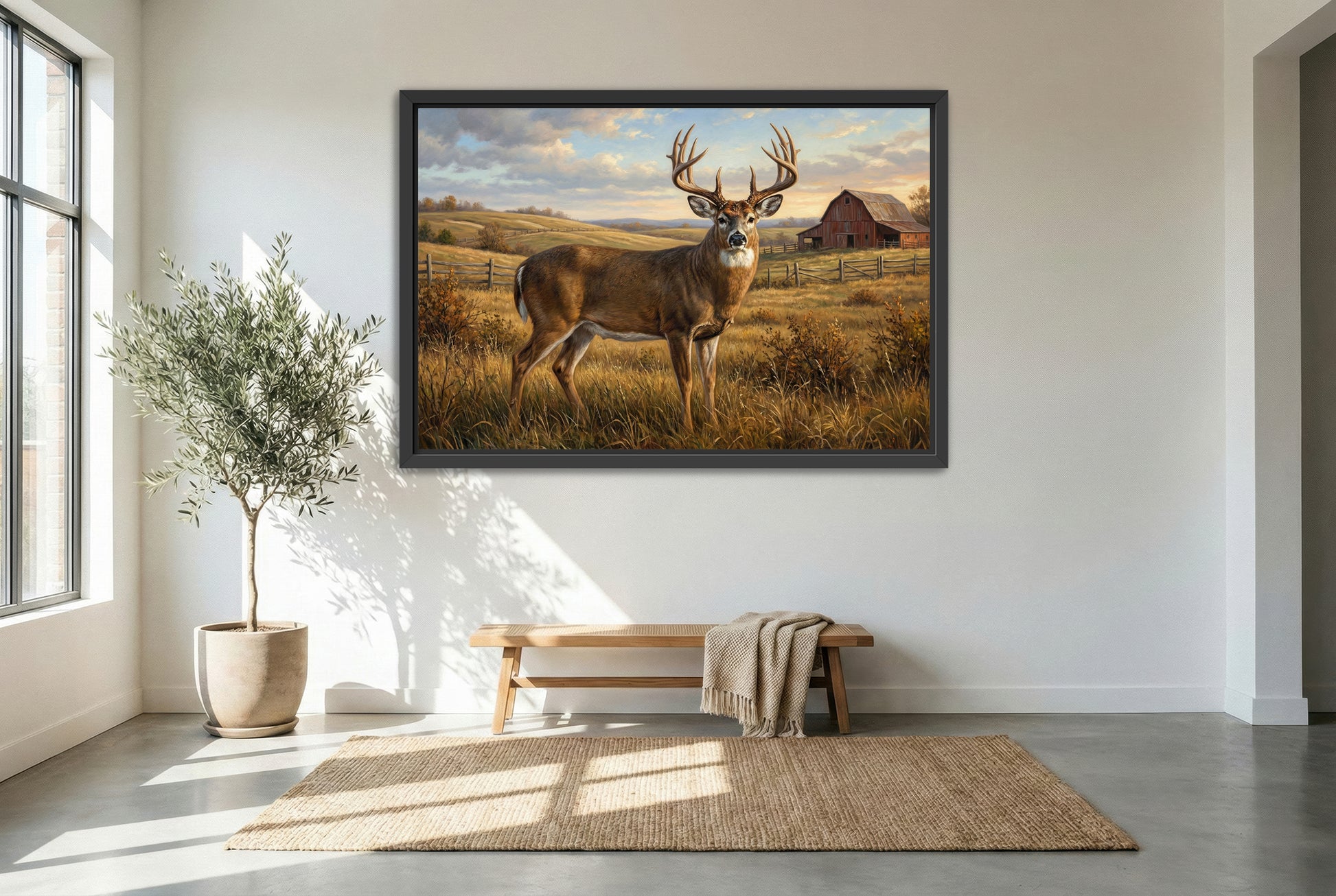 black floating framed canvas print featuring the best time a large whitetail buck rolling hills farm country
