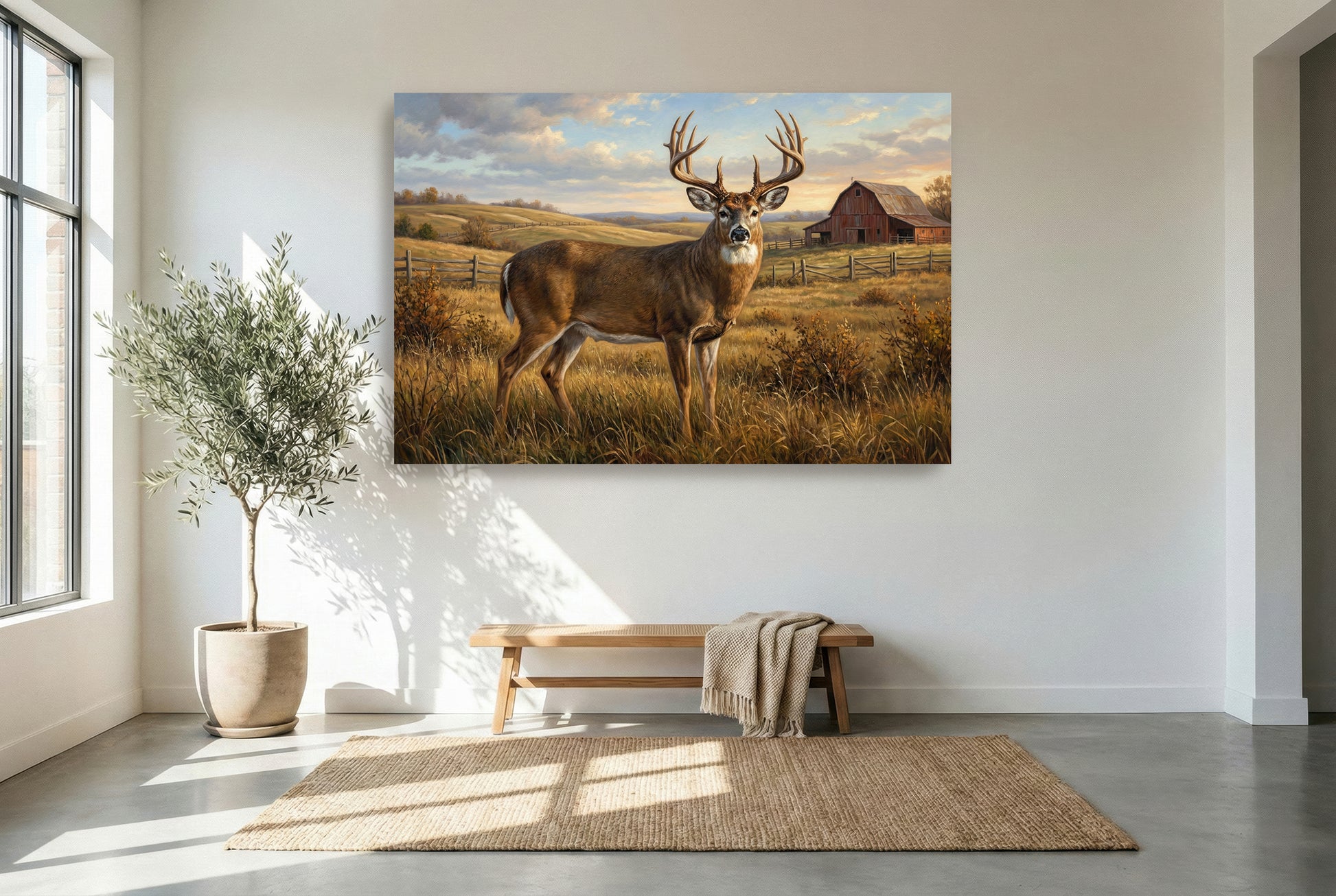 gallery wrapped canvas wildlife wall art of a large whitetail buck rolling hills farm country