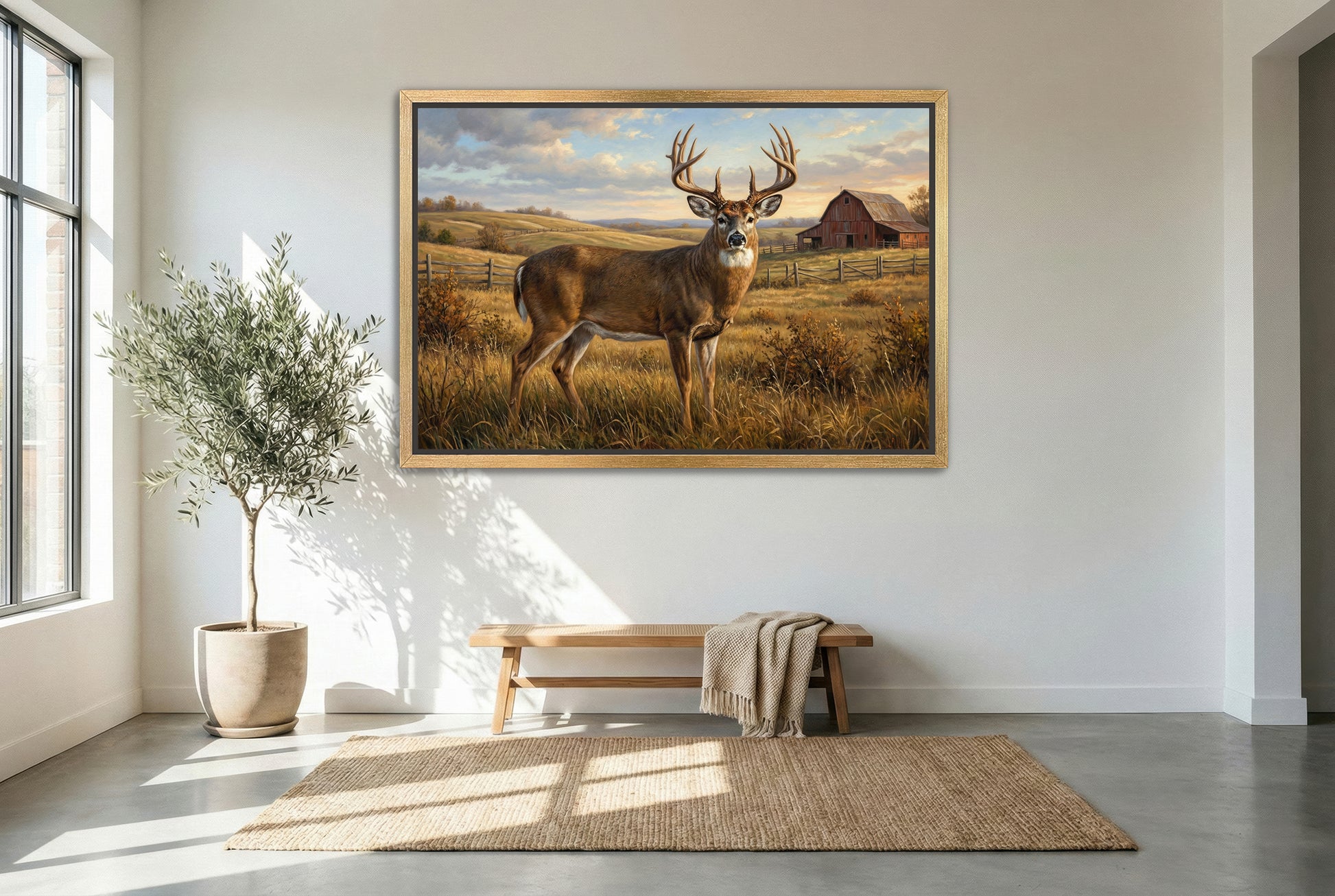 gold floating framed canvas trophy room art the best time of a large whitetail buck rolling hills farm country