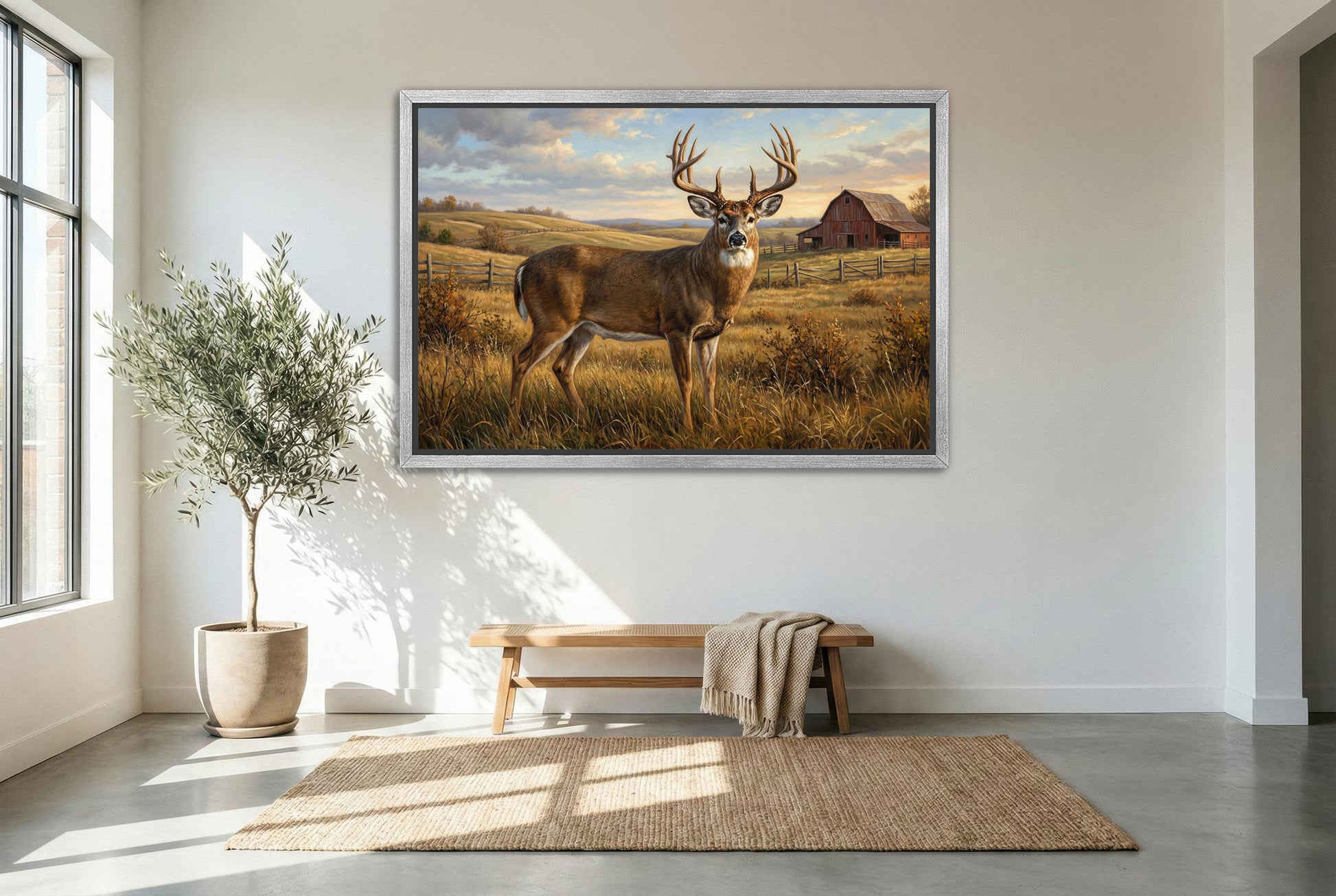 silver floating framed canvas big game artwork of a large whitetail buck rolling hills farm country
