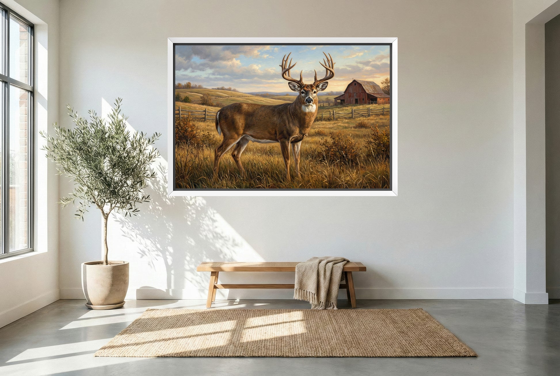 white floating framed canvas art of a large whitetail buck rolling hills farm country