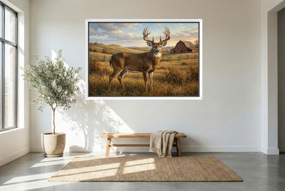 white floating framed canvas art of a large whitetail buck rolling hills farm country