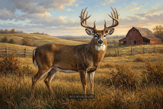 large whitetail buck rolling hills farm country oil painting paper art print