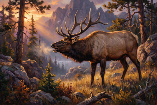 low chuckle elk bugle in the fading light of the high country mountains oil painting paper art print