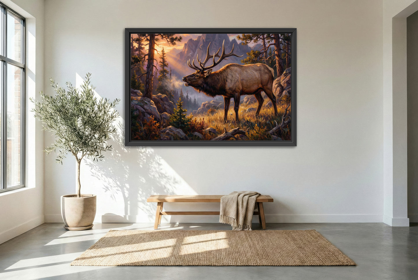 black floating framed canvas print featuring a low chuckle elk bugle in the fading light of the high country mountains