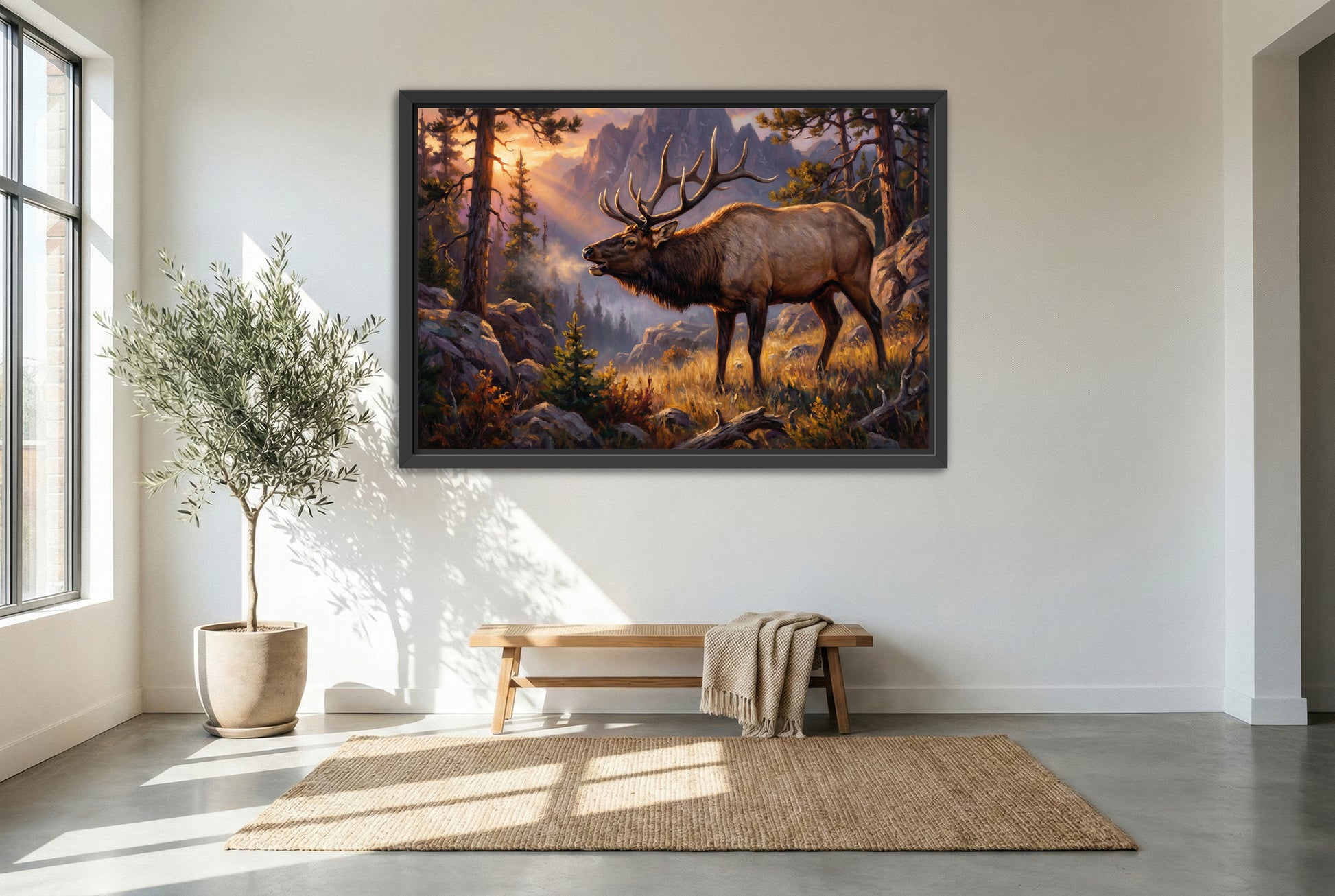 black floating framed canvas print featuring a low chuckle elk bugle in the fading light of the high country mountains
