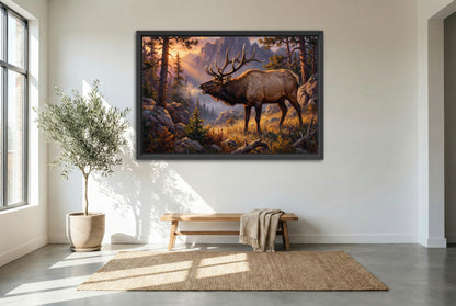black floating framed canvas print featuring a low chuckle elk bugle in the fading light of the high country mountains
