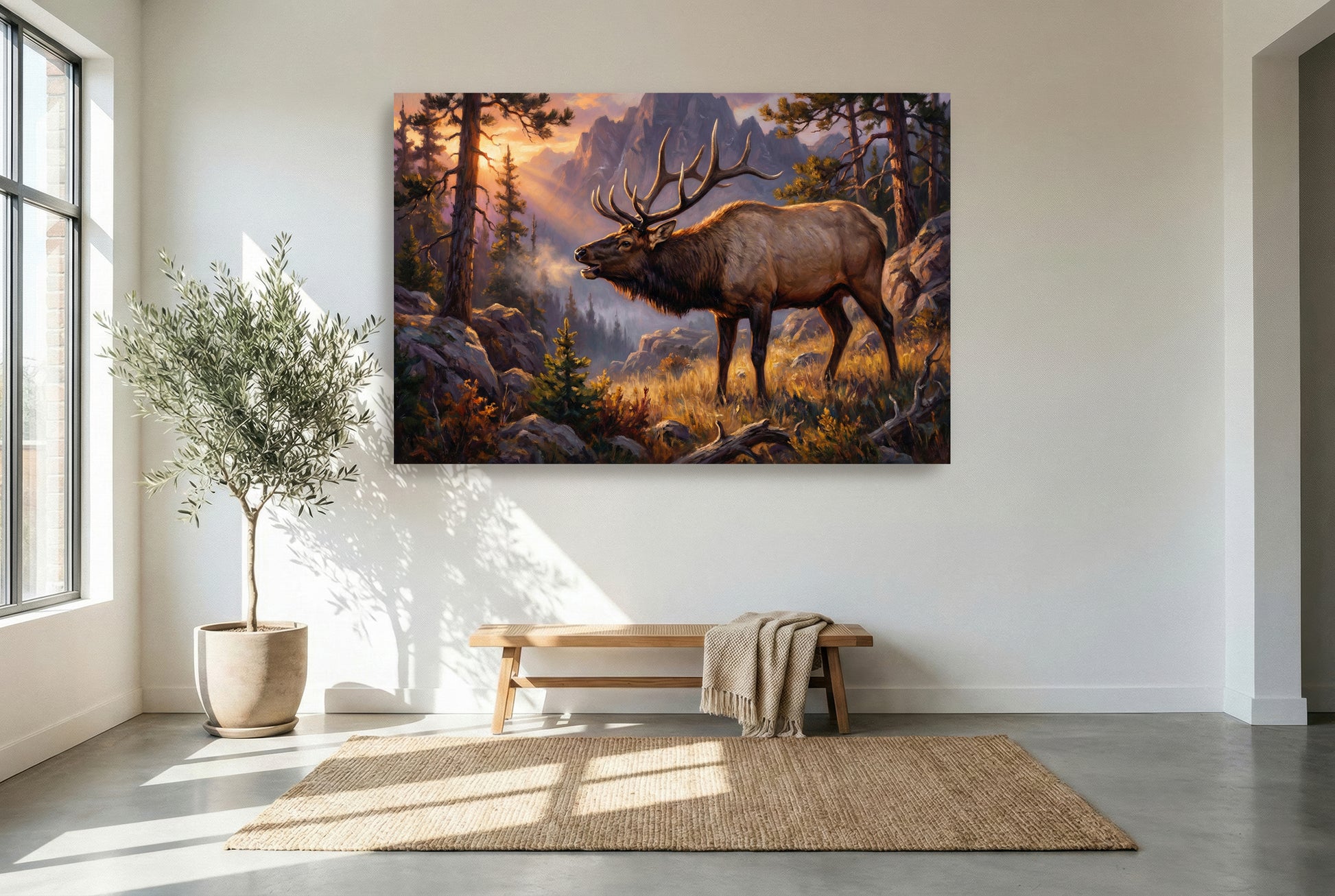 gallery wrapped canvas wildlife wall art of a low chuckle elk bugle in the fading light of the high country mountains