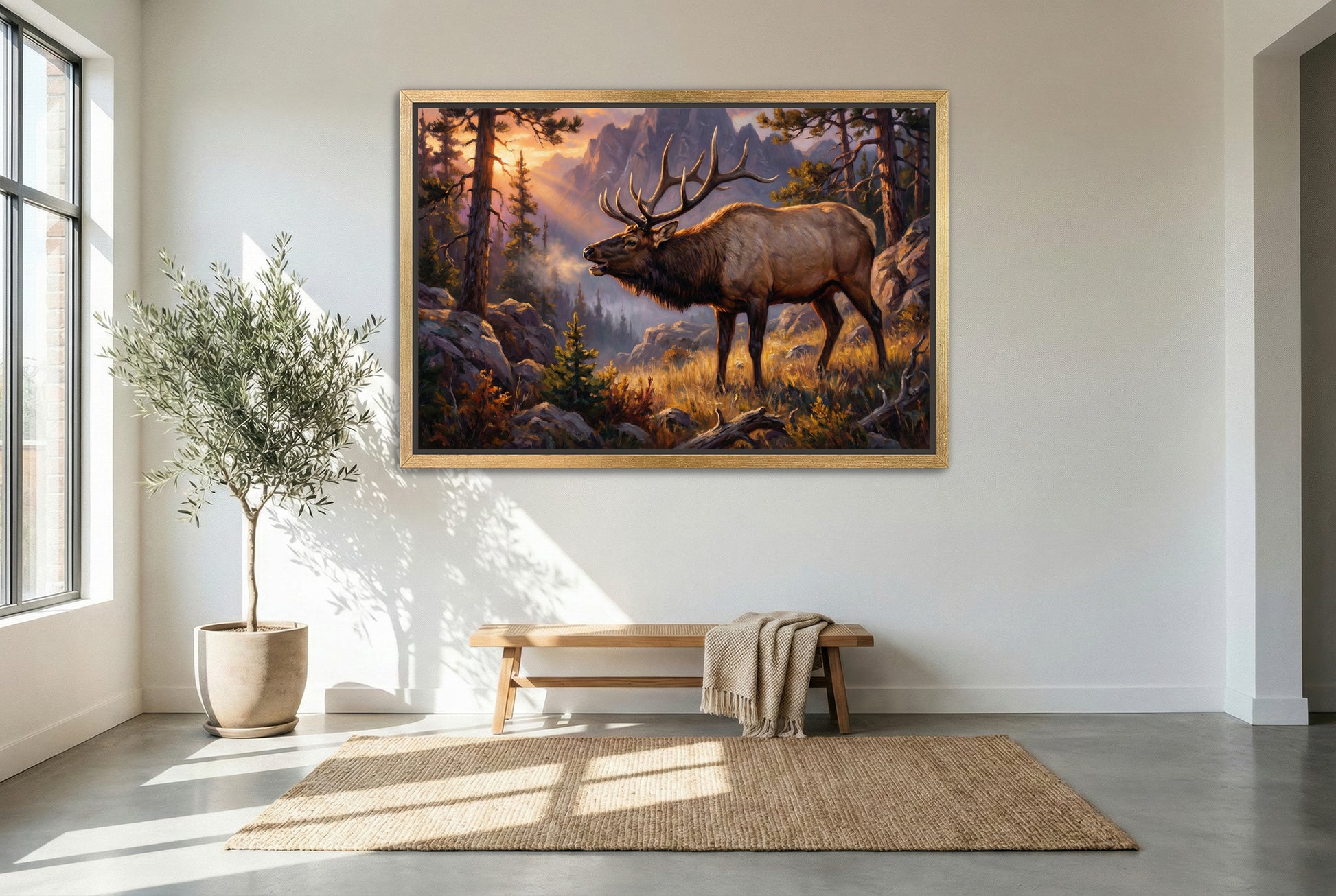 gold floating framed canvas trophy room art of a low chuckle elk bugle in the fading light of the high country mountains