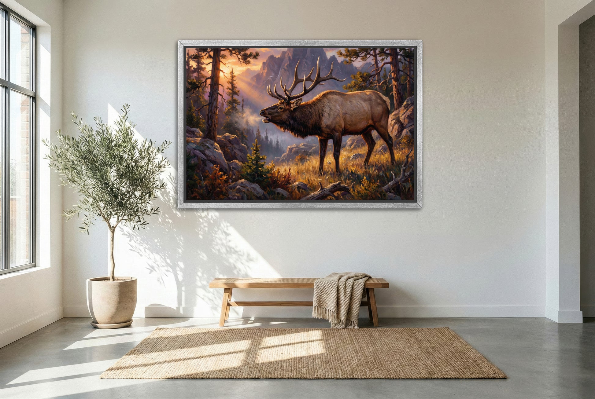 silver floating framed canvas big game artwork of a low chuckle elk bugle in the fading light of the high country mountains