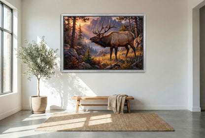 silver floating framed canvas big game artwork of a low chuckle elk bugle in the fading light of the high country mountains