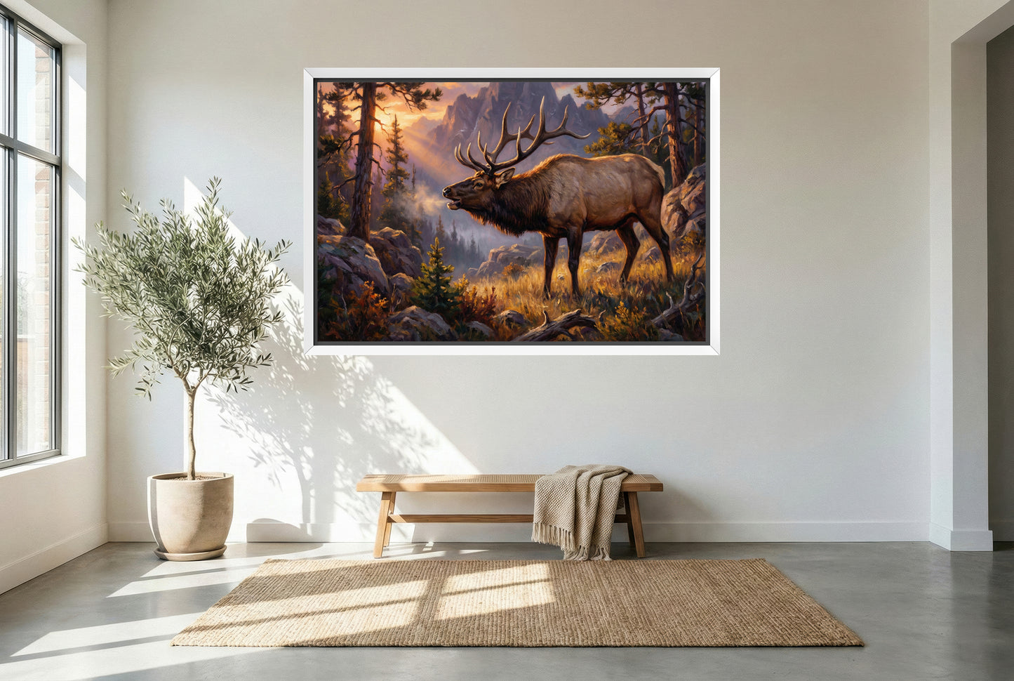 white floating framed canvas art of a low chuckle elk bugle in the fading light of the high country mountains