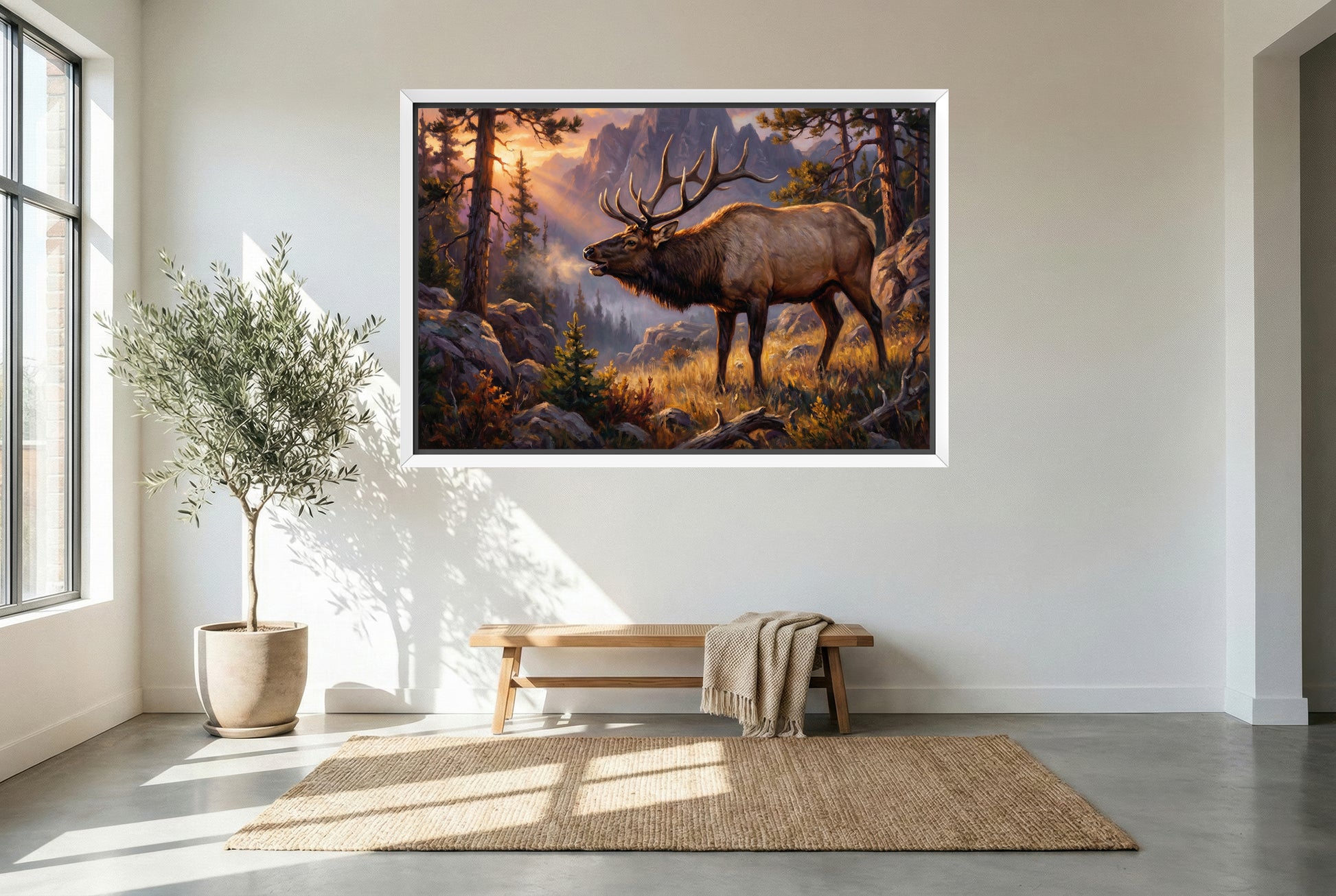 white floating framed canvas art of a low chuckle elk bugle in the fading light of the high country mountains
