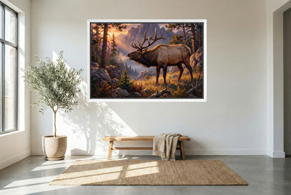 white floating framed canvas art of a low chuckle elk bugle in the fading light of the high country mountains