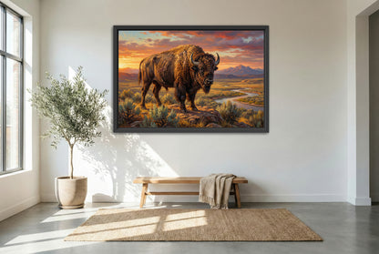 black floating framed canvas print featuring a Bison standing on a rocky outcrop with a scenic landscape and sunset in the background