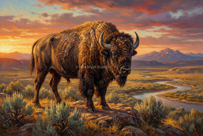 Bison standing on a rocky outcrop with a scenic landscape and sunset in the background oil painting paper art print