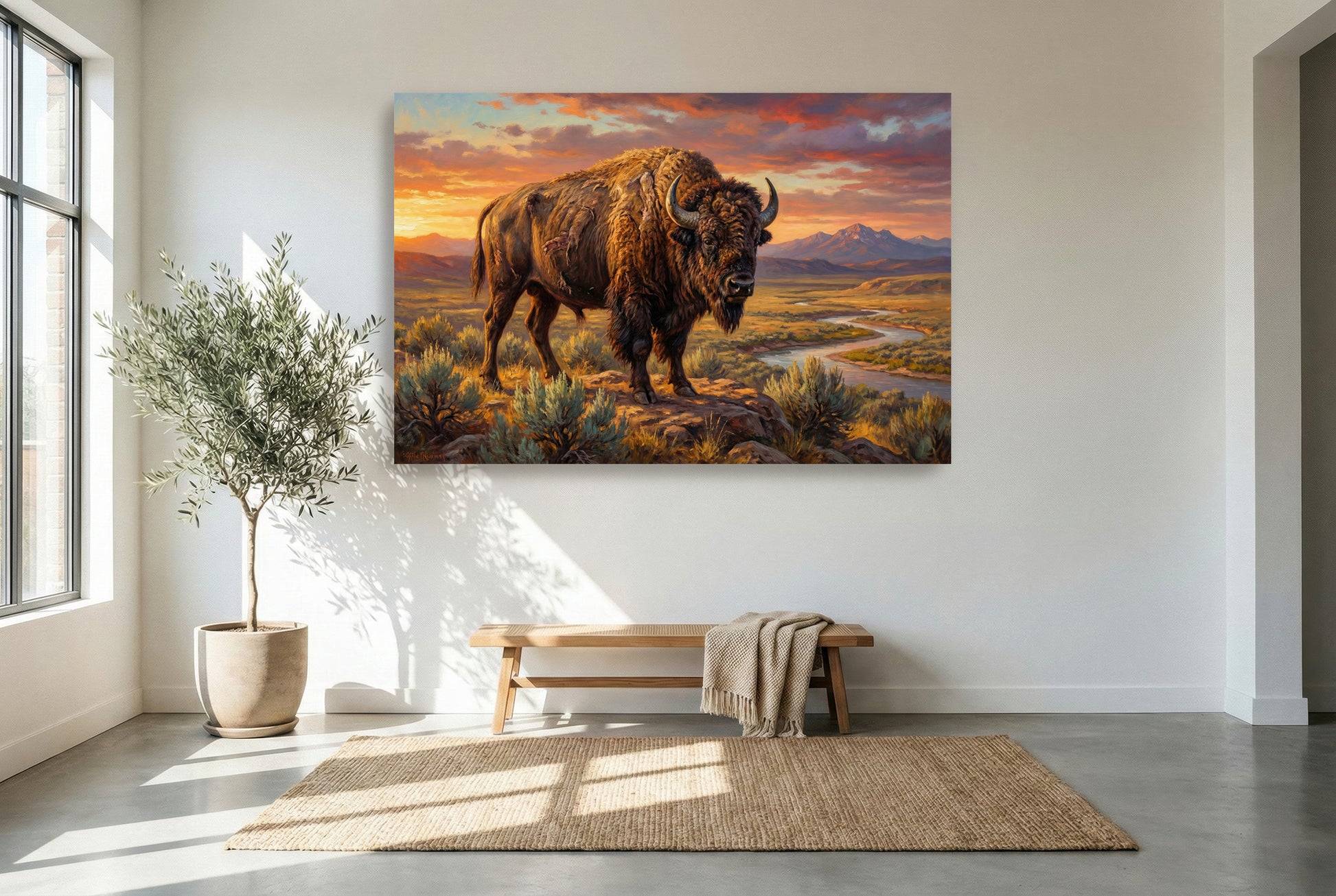 gallery wrapped canvas wildlife wall art of a Bison standing on a rocky outcrop with a scenic landscape and sunset in the background