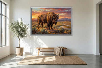 silver floating framed canvas big game artwork of a Bison standing on a rocky outcrop with a scenic landscape and sunset in the background