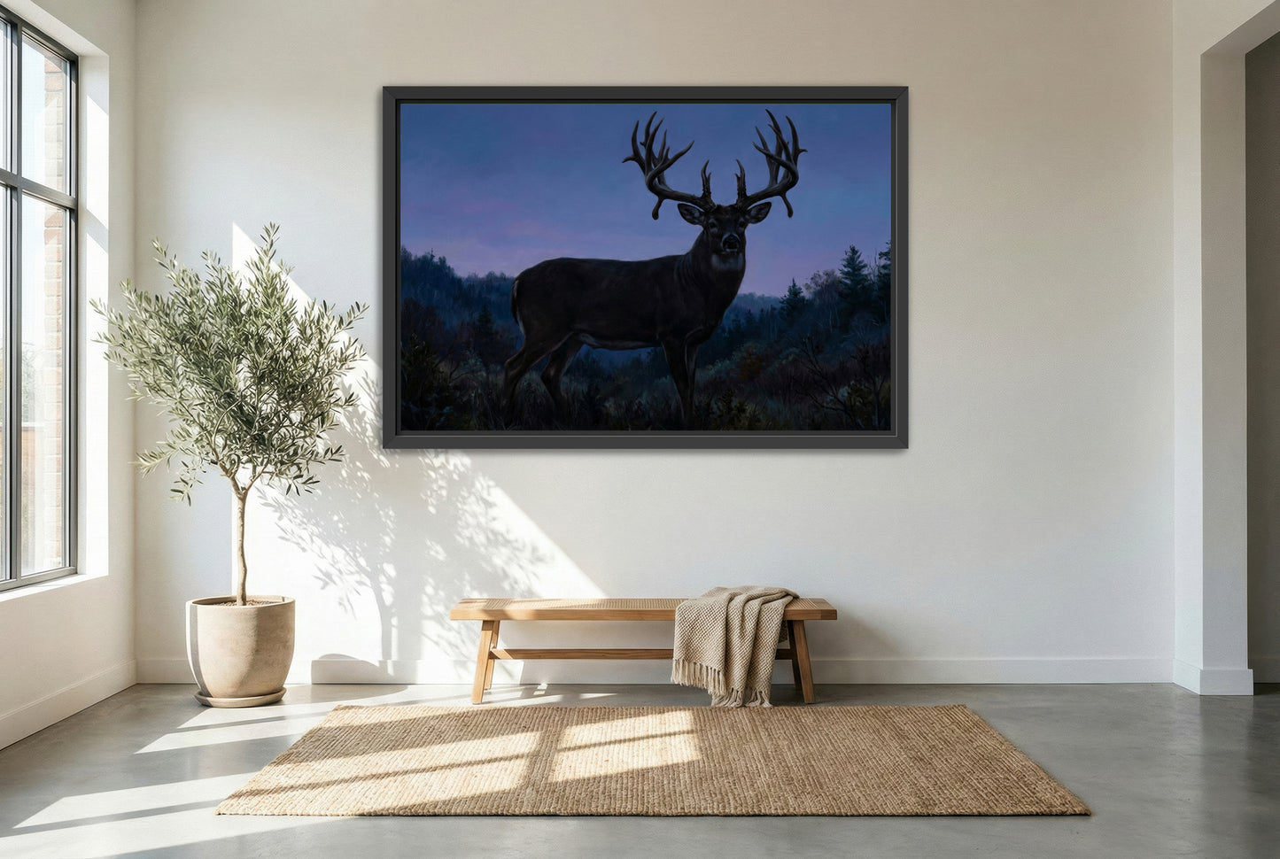 black floating framed canvas print featuring a mega giant whitetail buck emerges at blue hour
