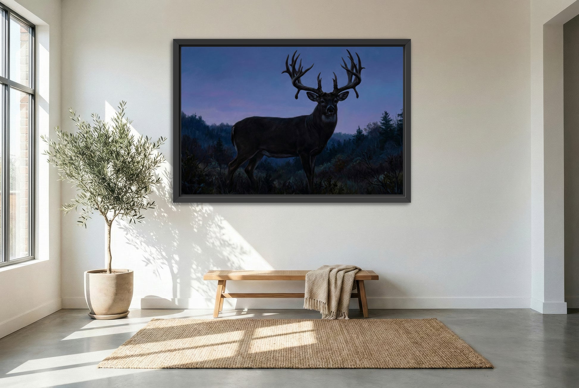 black floating framed canvas print featuring a mega giant whitetail buck emerges at blue hour
