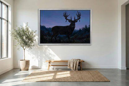 silver floating framed canvas big game artwork of a mega giant whitetail buck emerges at blue hour