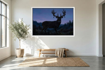 white floating framed canvas art of a mega giant whitetail buck emerges at blue hour