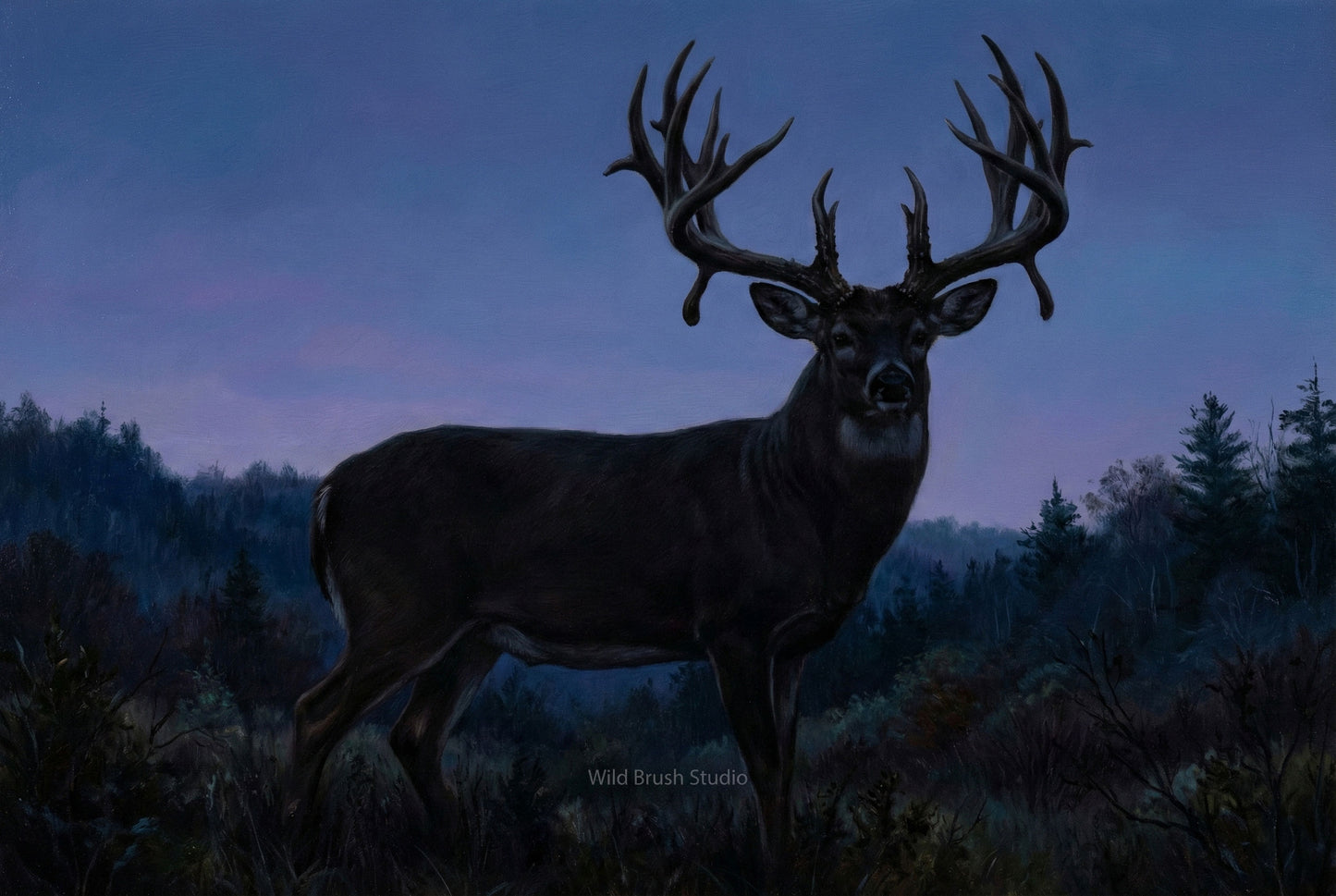 mega giant whitetail buck emerges at blue hour oil painting paper art print