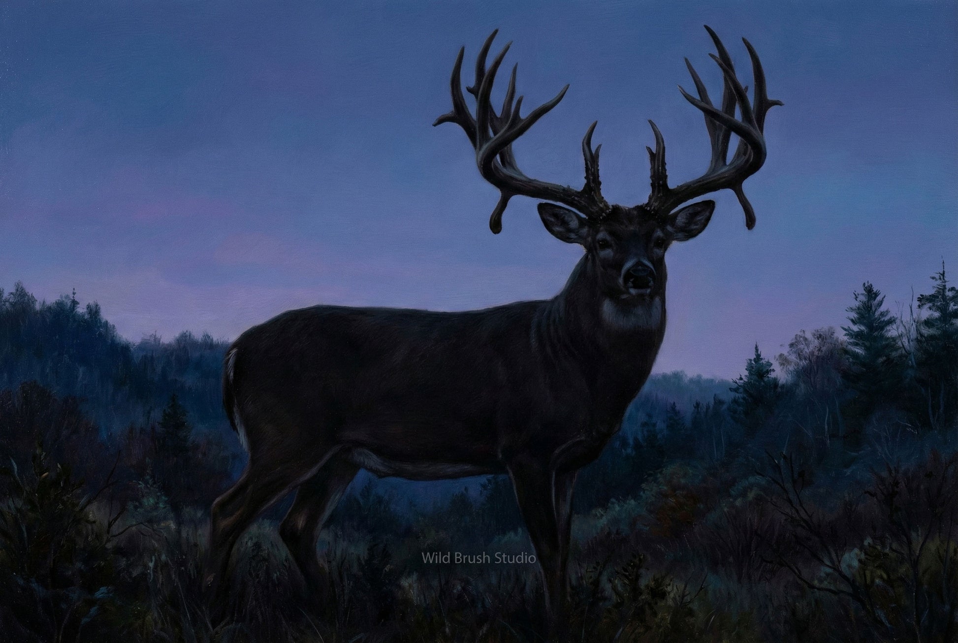 mega giant whitetail buck emerges at blue hour oil painting paper art print