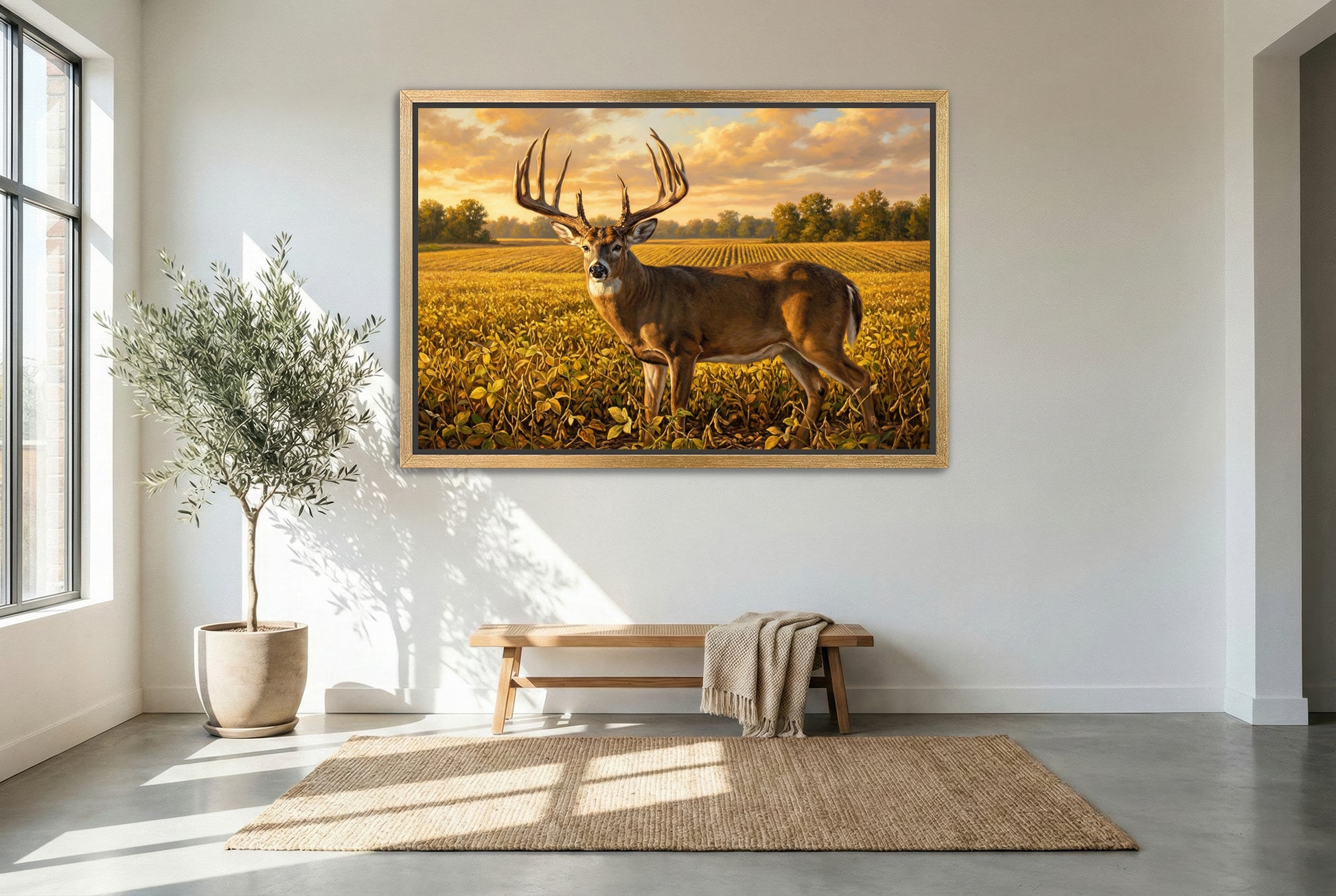gold floating framed canvas trophy room art of mel johnson whitetail buck illinois