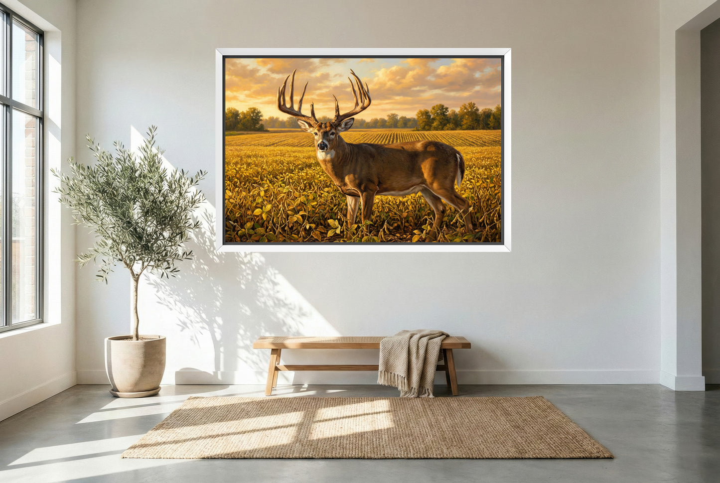 white floating framed canvas art of mel johnson whitetail buck illinois