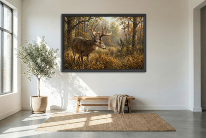 black floating framed canvas print featuring the moment of truth bow hunting a giant whitetail deer buck