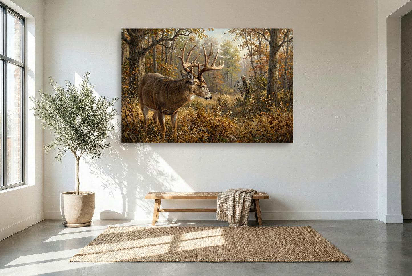 gallery wrapped canvas wildlife wall art of the moment of truth bow hunting a giant whitetail deer buck