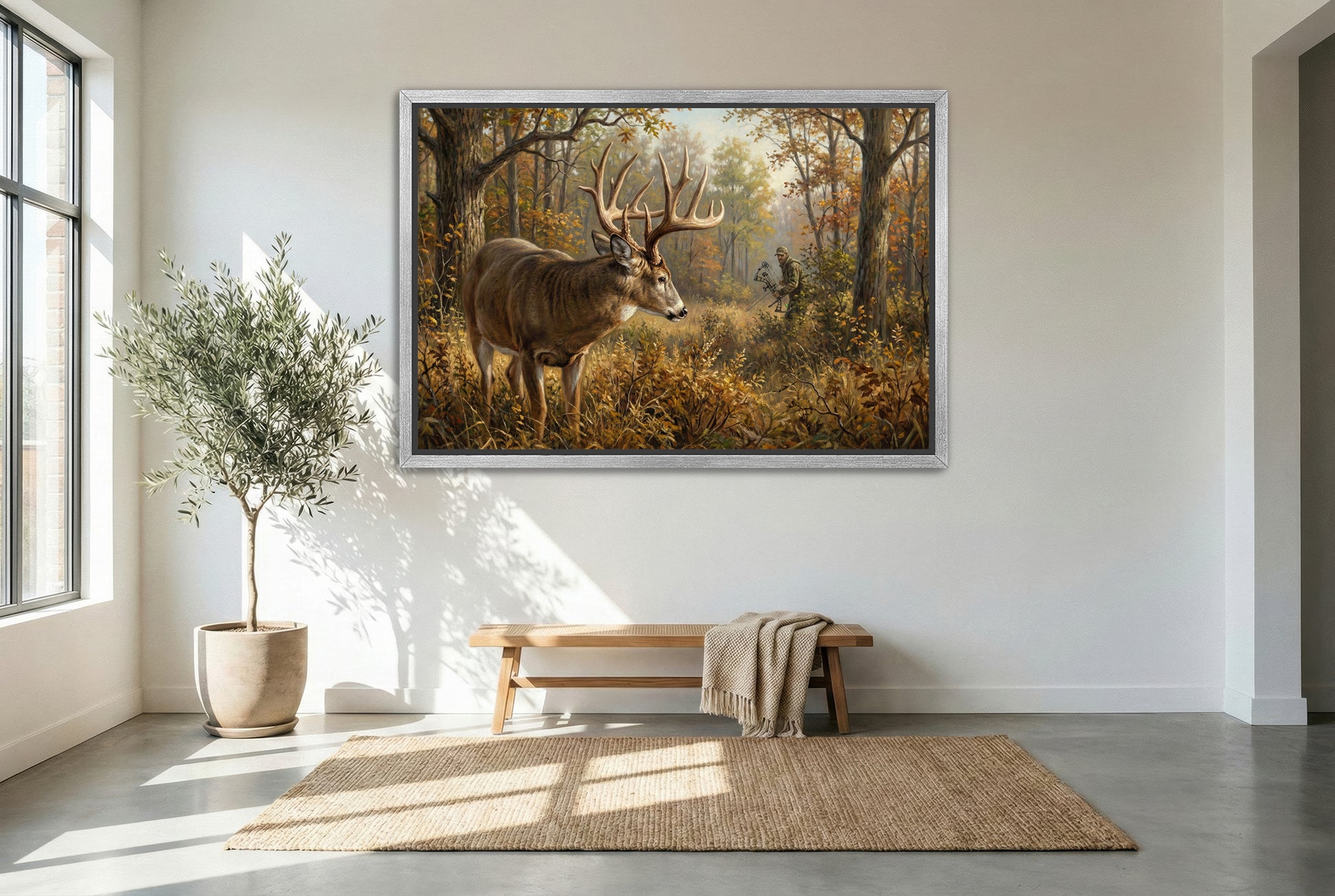 silver floating framed canvas big game artwork of the moment of truth bow hunting a giant whitetail deer buck