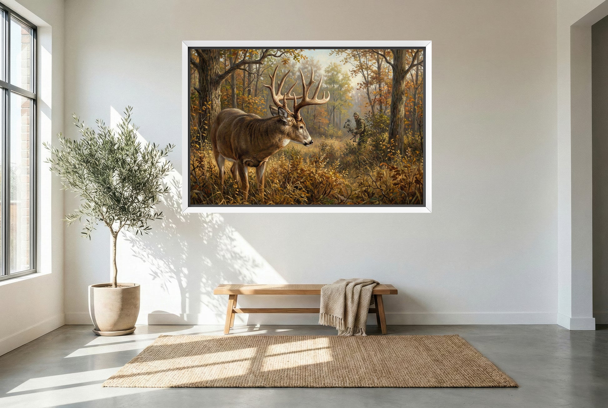 white floating framed canvas art of the moment of truth bow hunting a giant whitetail deer buck