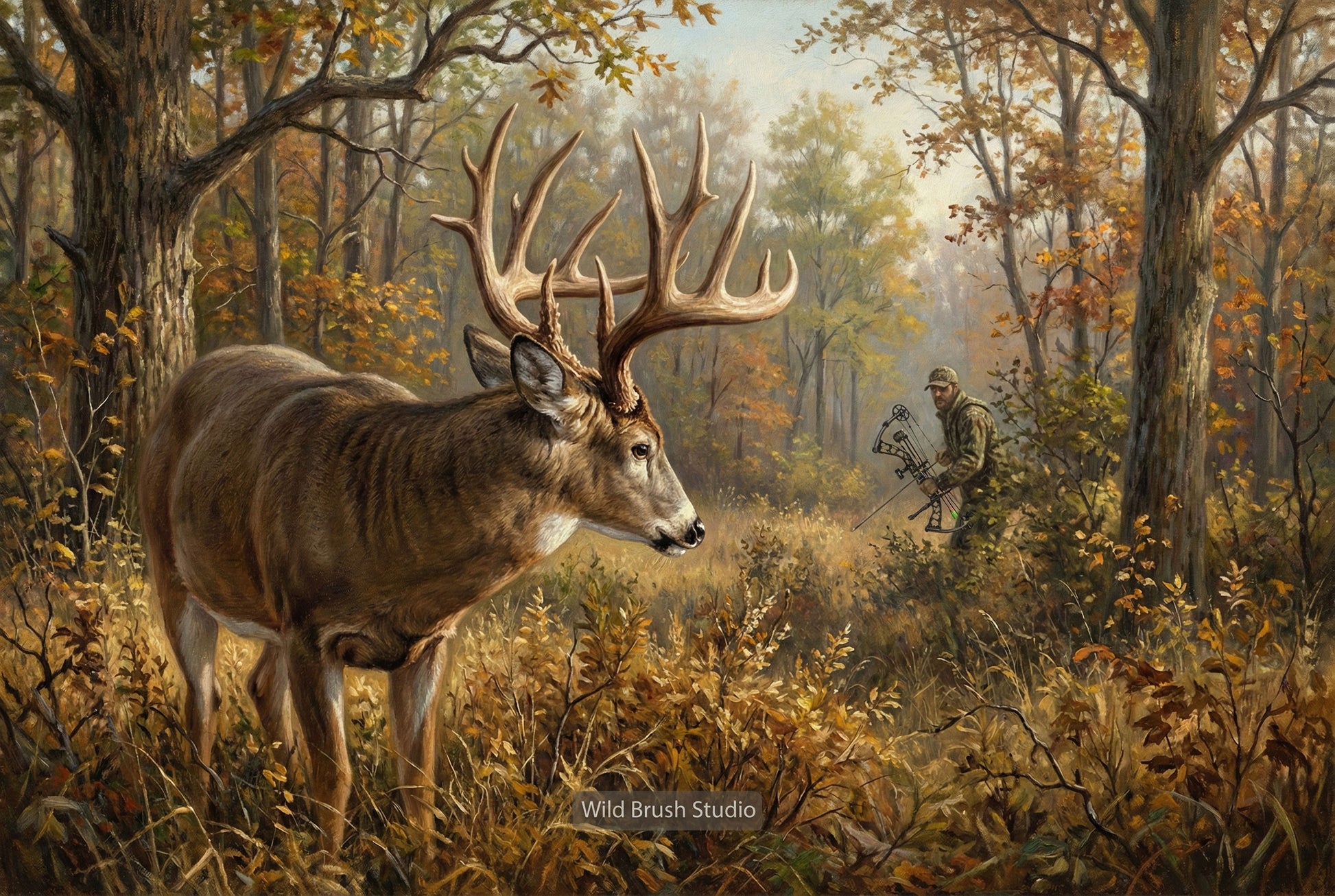 moment of truth bow hunting a giant whitetail deer buck oil painting paper art print