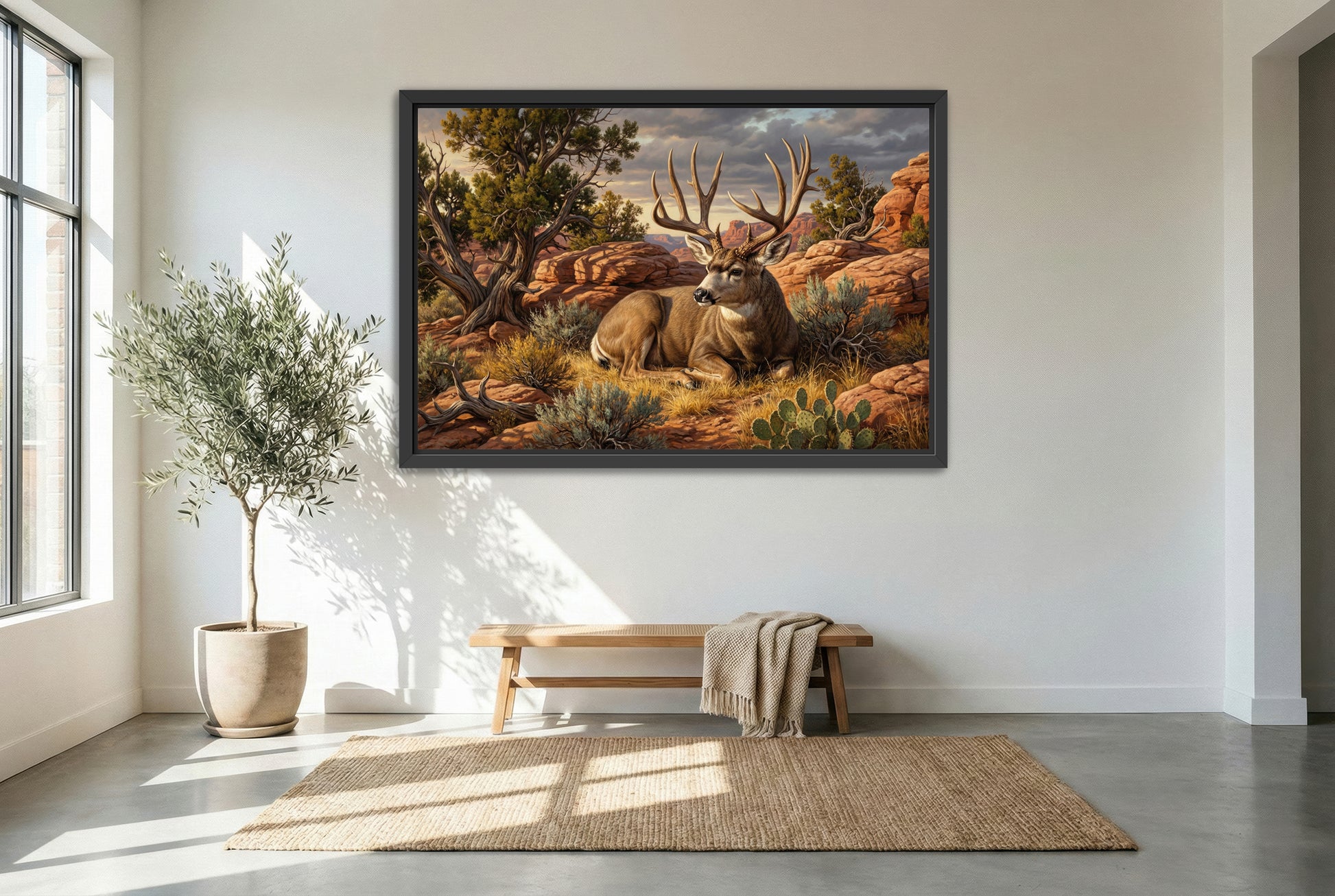 black floating framed canvas print featuring a mule deer buck bedded desert red rock country