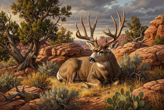 mule deer buck bedded desert red rock country oil painting paper art print
