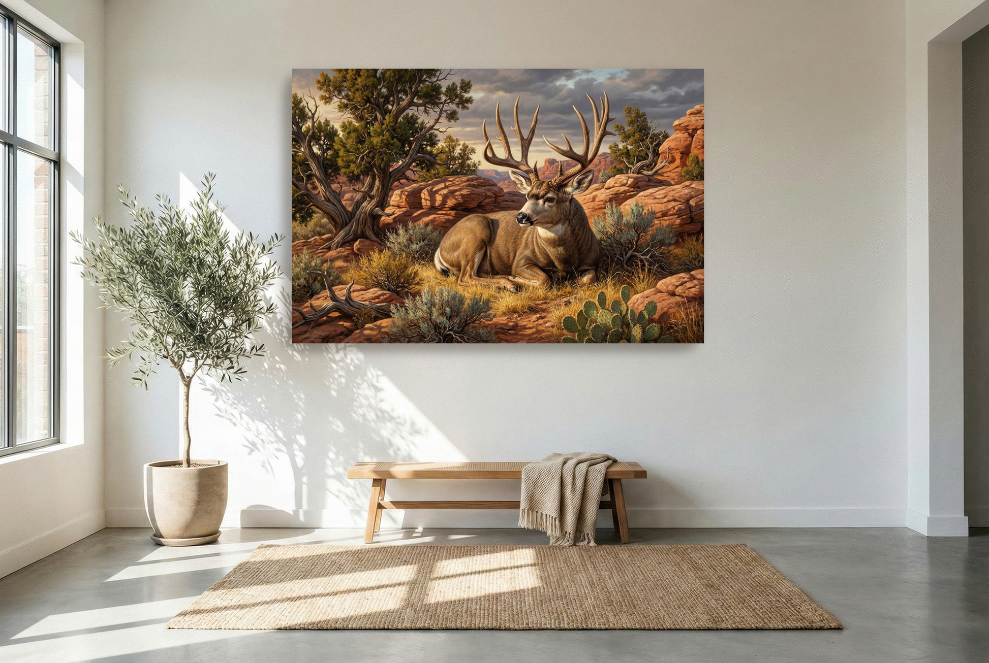 gallery wrapped canvas wildlife wall art of a mule deer buck bedded desert red rock country
