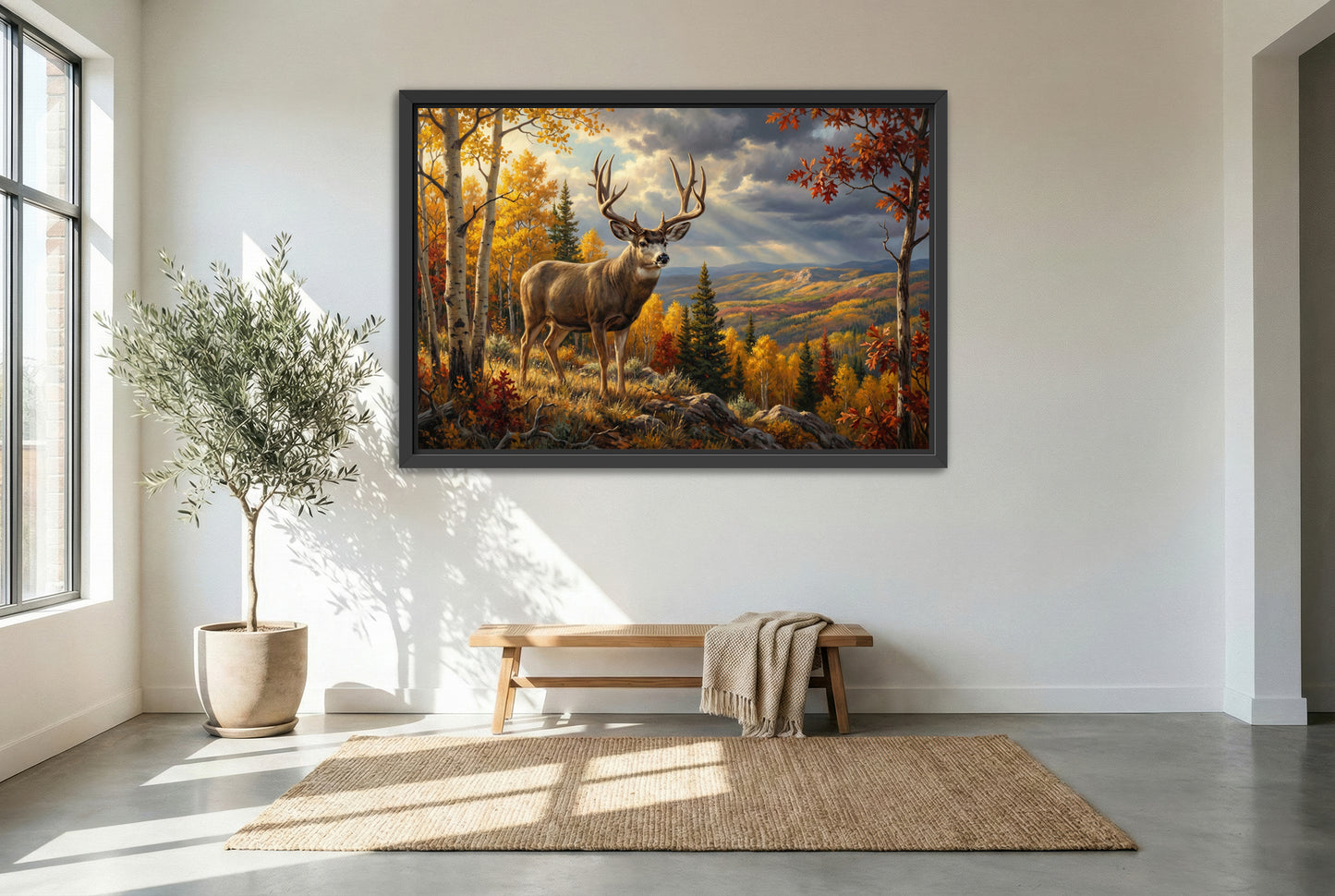 black floating framed canvas print featuring a mule deer buck early fall aspen ridge