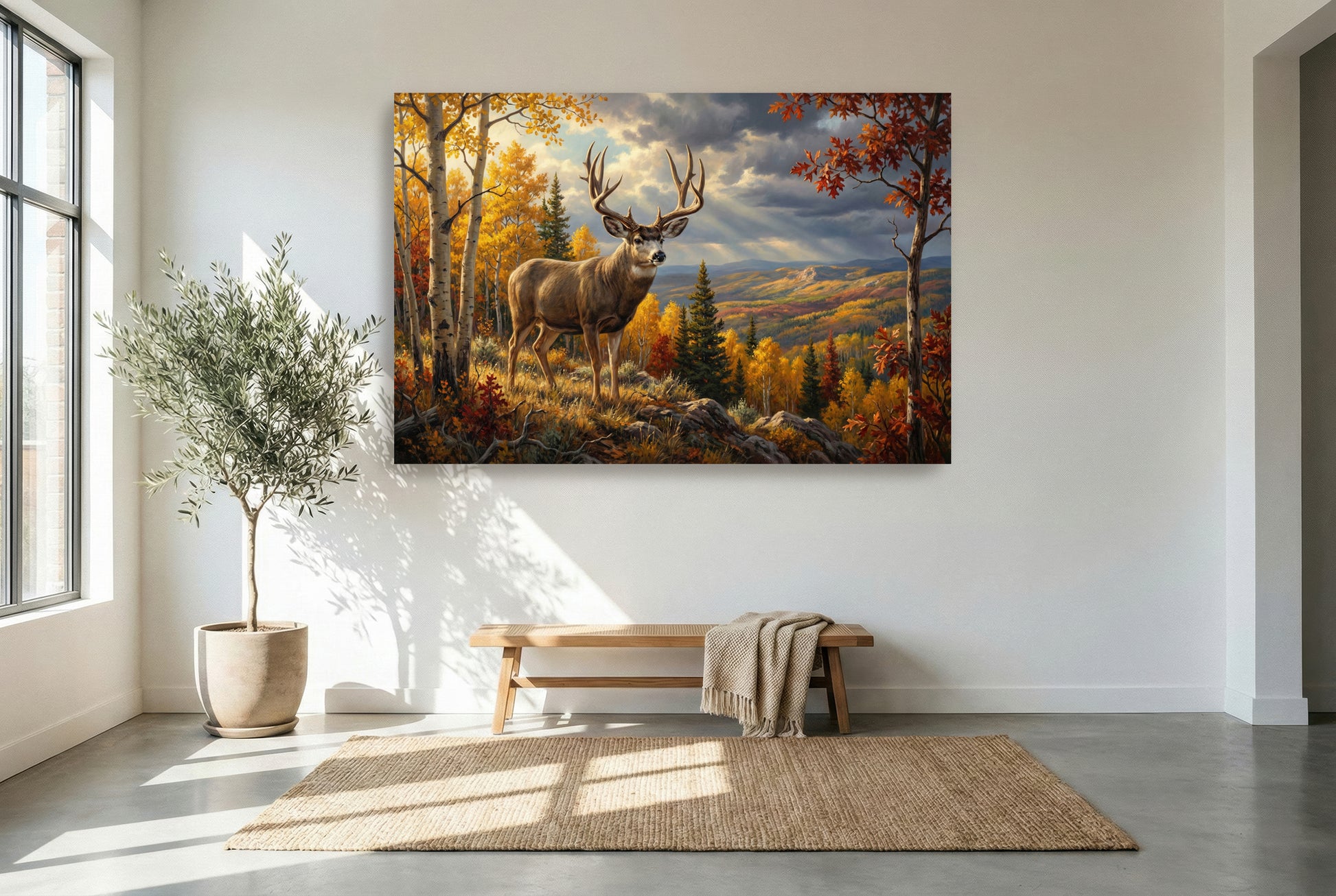 gallery wrapped canvas wildlife wall art of a mule deer buck early fall aspen ridge