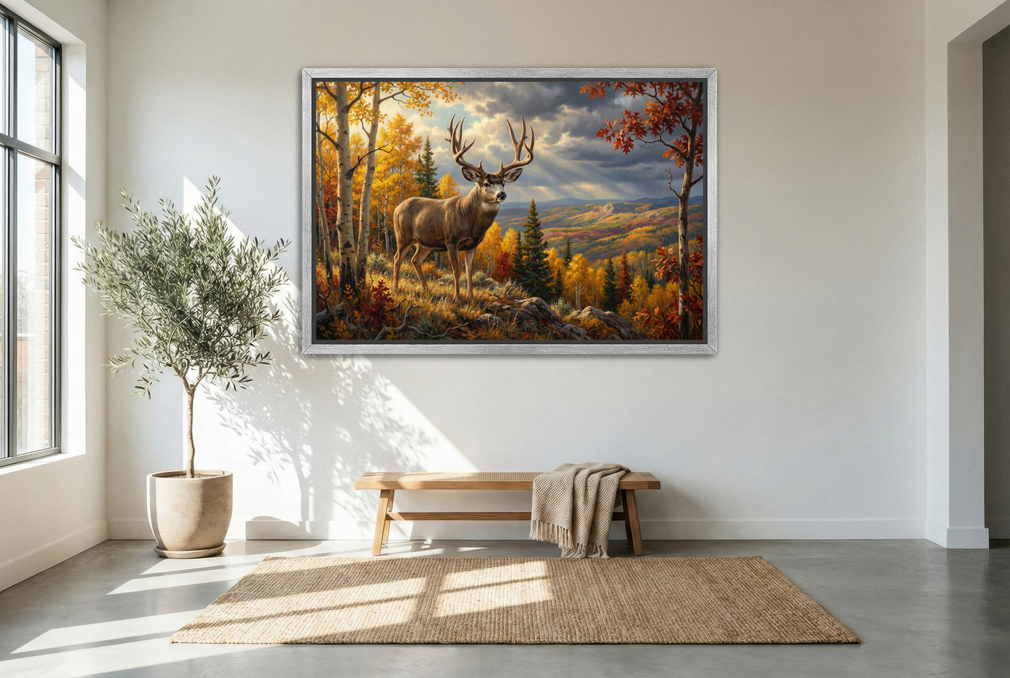 silver floating framed canvas big game artwork of a mule deer buck early fall aspen ridge