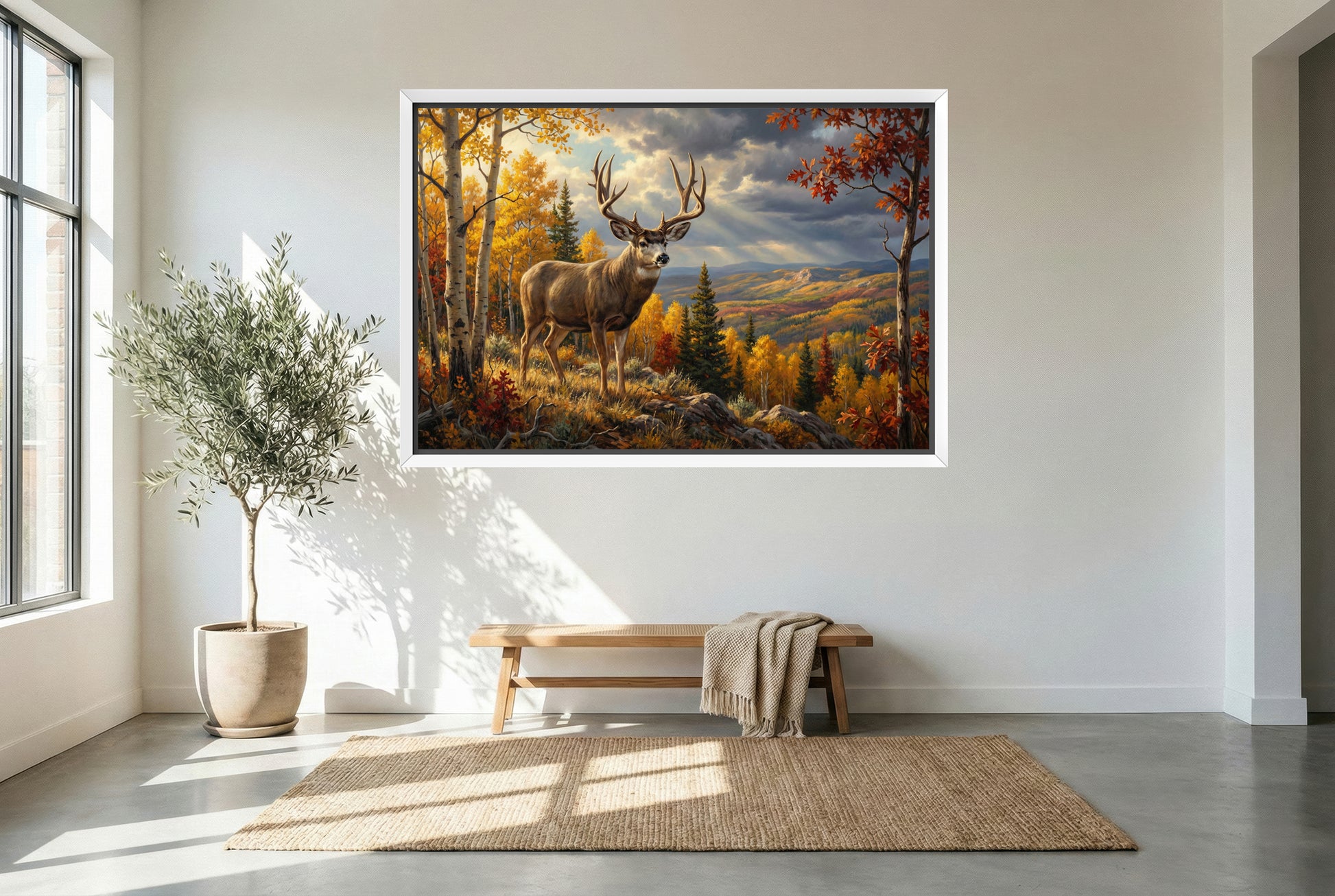 white floating framed canvas art of a mule deer buck early fall aspen ridge