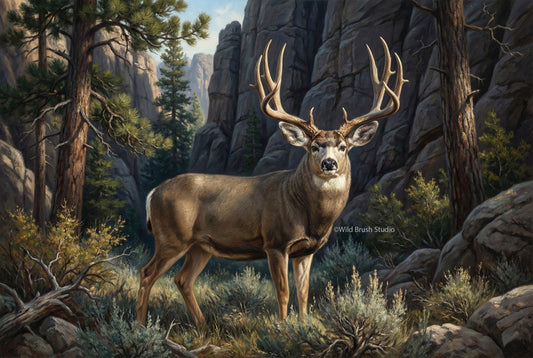 mule deer buck emerges from deep canyon pocket oil painting paper art print