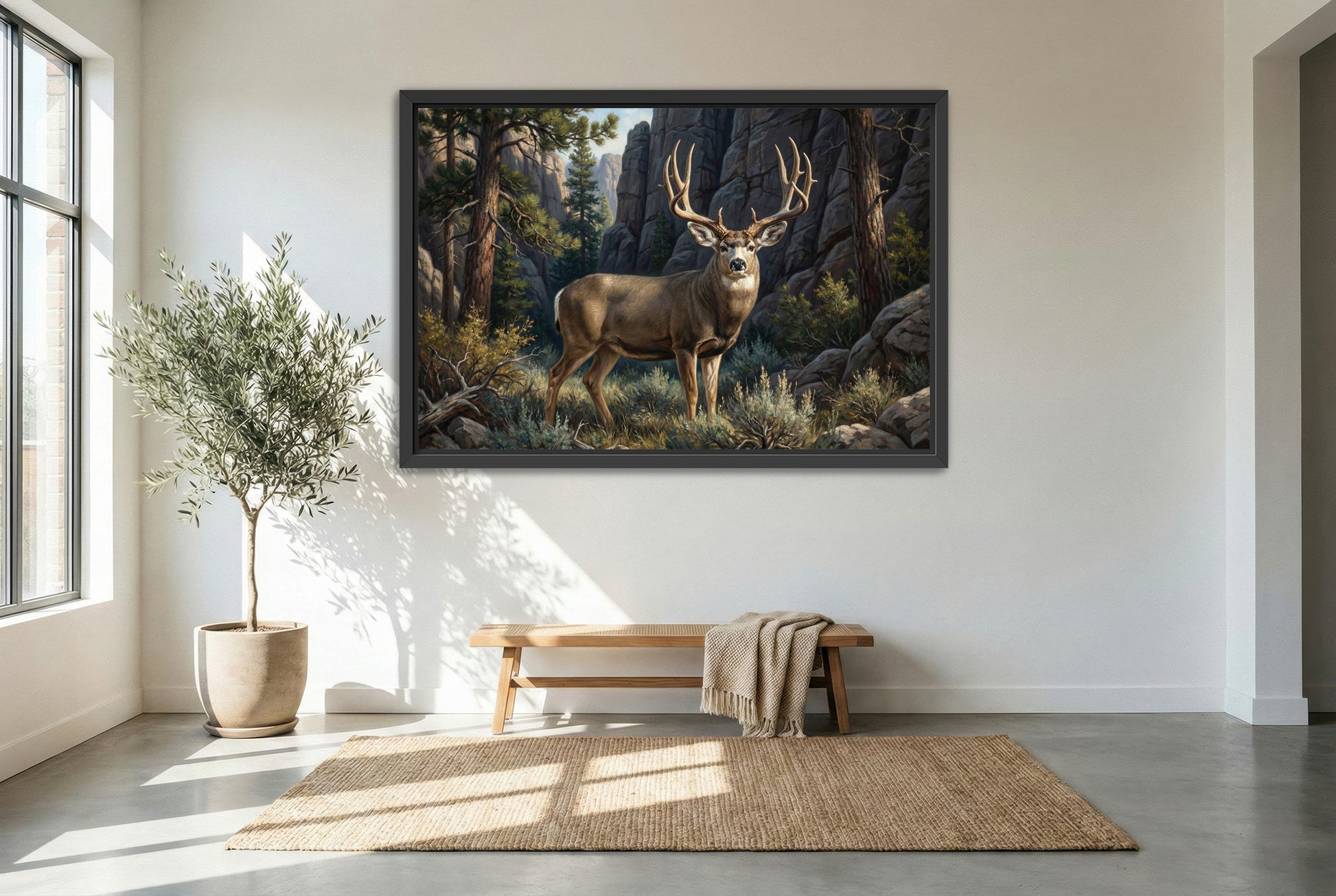 black floating framed canvas print featuring of a mule deer buck emerging from deep canyon pocket