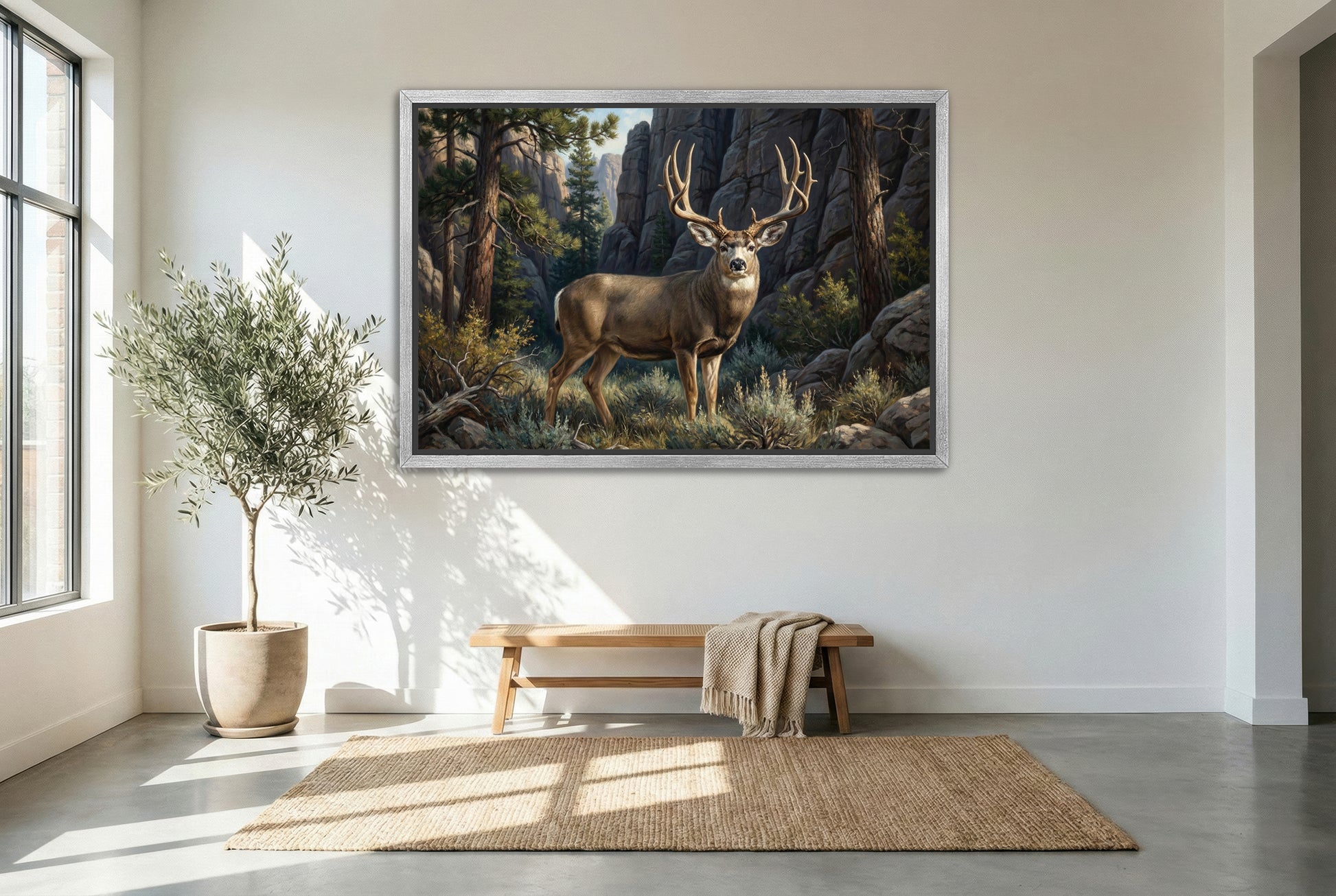 silver floating framed canvas big game artwork of a mule deer buck emerging from deep canyon pocket