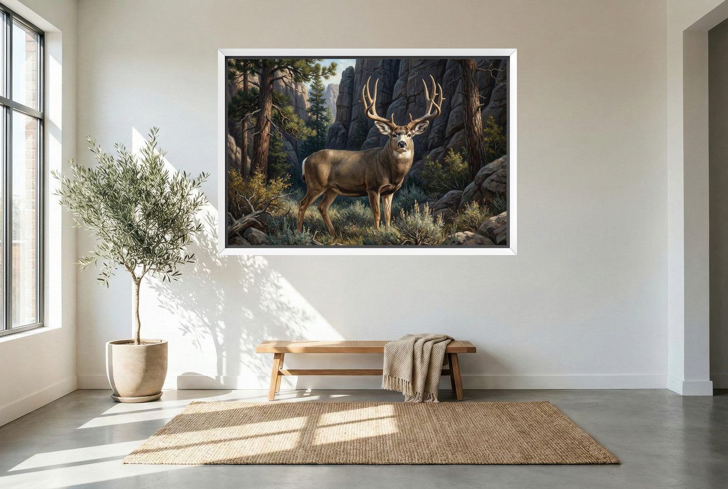 white floating framed canvas art of a mule deer buck emerging from deep canyon pocket